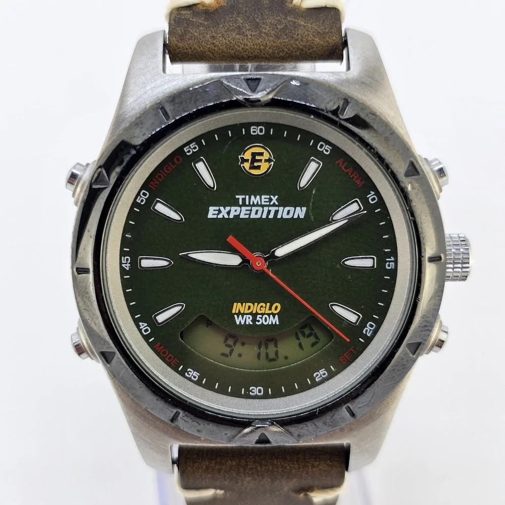 Timex Expedition Ana Dig Men Watch 38MM NEW Dark Brown Leather Bands New Battery